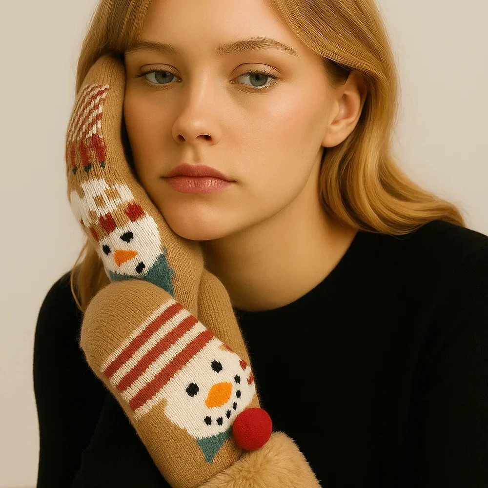 Cute Snowman Mittens black or Brown one size